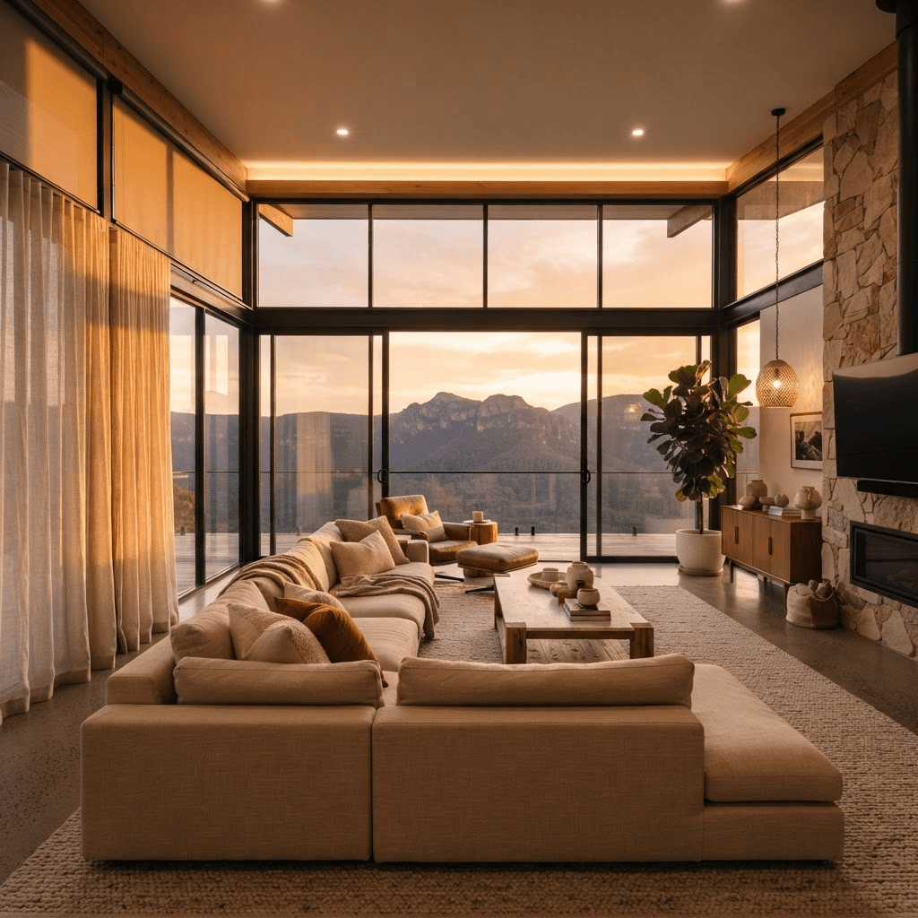 Luxury modern living room with floor-to-ceiling windows overlooking mountains at golden hour, featuring light window furnishings
